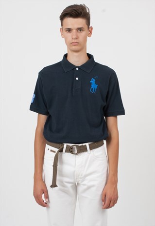 VINTAGE NAVY POLO RALPH LAUREN SHORT SLEEVE POLO SHIRT TOP