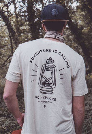 'PIONEER' HAND PRINTED T-SHIRT IN CREAM