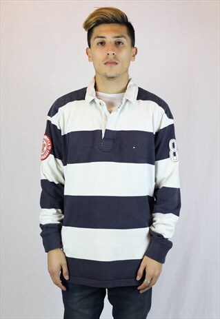 MENS VINTAGE TOMMY HILFIGER RUGBY POLO SHIRT LARGE SLIM