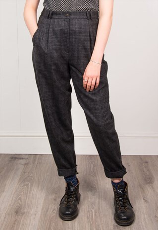 90'S GREY CHECKED PATTERN HIGH WAIST TAPERED TROUSERS