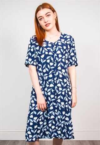 VINTAGE 90'S BLUE FLORAL PATTERN SHORT SLEEVE MIDI DRESS