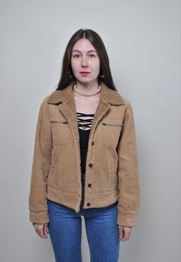 Beige corduroy jacket, women medium buttons corduroy fall