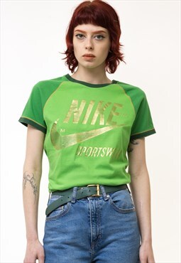 Vintage Woman Nike Green Crew Neck Logo Print Tshirt 5404