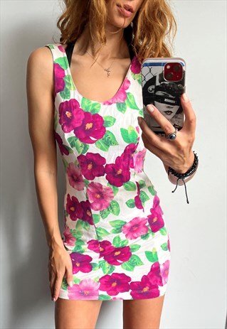 SEXY TROPICAL FLORAL WHITE PINK MINI TIGHT COTTON DRESS S