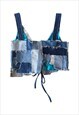 UPCYCLED DENIM LACE UP TOP - BLUE