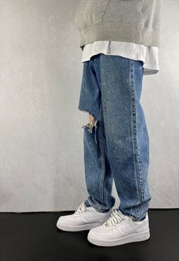 Blue Levis Baggy Rip Knee Jeans Paint Splatter 80's Mens