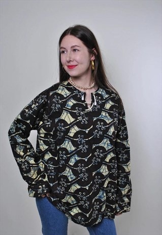 ABSTRACT PRINT VINTAGE OVERSIZED LACE BROWN BLOUSE 