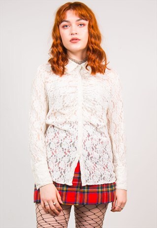 VINTAGE 90'S CREAM FLORAL LACE MESH SHIRT BLOUSE