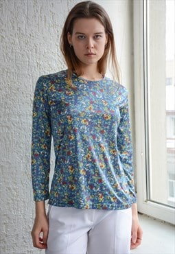 Vintage Blue Floral Print Shimmering Top