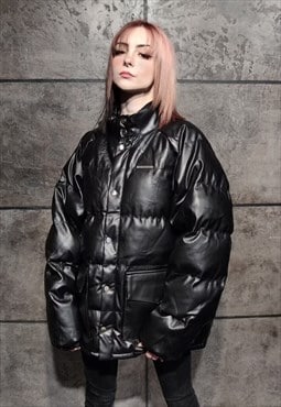 Faux leather bomber jacket punk quilted puffer solid black