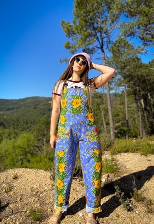 SUNFLOWER & POPPY LONG LENGTH DUNGAREES JUMPSUIT - UK 10-12