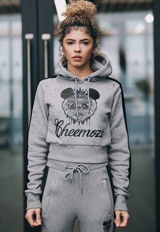 SMOKE GREY VELOUR STRIPE CROP HOODY