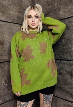 Puzzle sweater knitted retro game jumper preppy top green