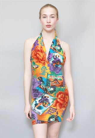 VINTAGE 1990'S MIXED PRINT BODYCON HALTERNECK MINI DRESS