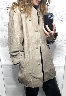 Vintage 80s Oversized Nude Leather Coat / Jacket - M