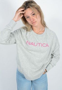 Vintage 90s Nautica Sweatshirt Spell Out Logo Grey 