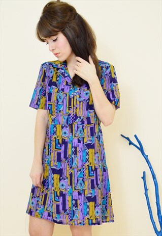 VINTAGE 70S BOHO COLOURFUL PRINT MINI DRESS