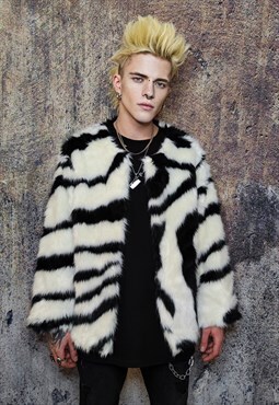 Collarless faux fur jacket fluffy zebra coat stripe bomber