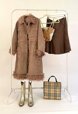 Vintage y2k 00s Afghan Brown Tan Suede & Fur Long Coat
