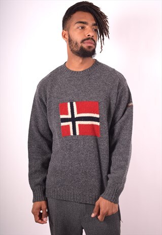 NAPAPIJRI MENS VINTAGE JUMPER SWEATER LARGE GREY 90S