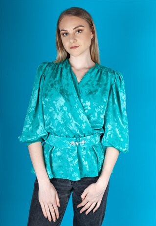 WRAP OVER BELTED VINTAGE BLOUSE WITH SILVER BUCKLE DETAIL