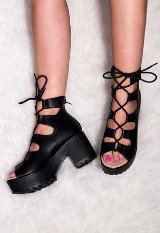 LASER LACE UP BLOCK HEEL SANDALS SHOES - BLACK LEATHER STYLE