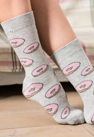 CUTE FUNNY GREY SOCKS WITH PINK DONUT, DOUGHNUT