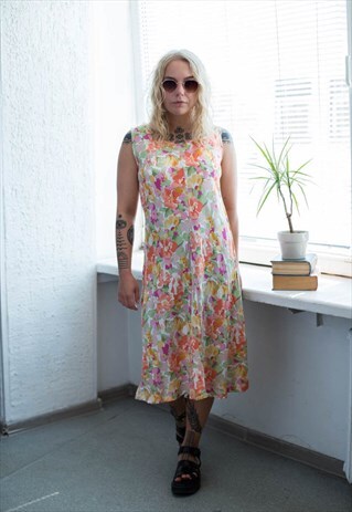 VINTAGE 80'S MULTICOLOUR FLORAL PRINT MIDI SLEEVELESS DRESS