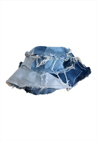 REWORKED VINTAGE DENIM BUCKET HAT IN BLUE AND ORANGE
