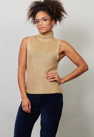 VINTAGE SLEEVELESS GOLD KNIT ROLL NECK JUMPER