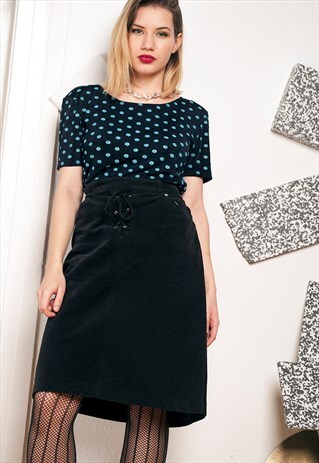 90S VINTAGE CORDUROY LACE-UP MIDI SKIRT