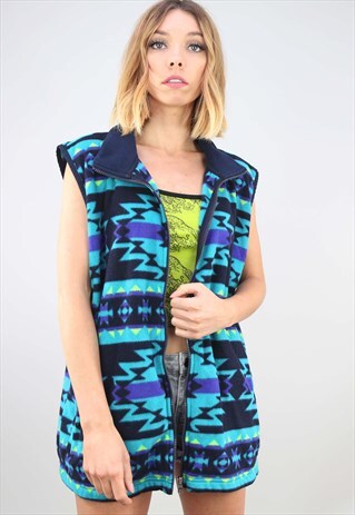VINTAGE OVERSIZED CHAPS PATTERNED ZIP UP GILET FLEECE
