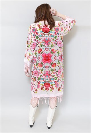 VINTAGE STYLE PINK SILK VELVET TASSEL FESTIVAL KIMONO
