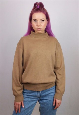 VINTAGE 80'S COWL-NECK WOOL JUMPER / SWEATER IN CARAMEL