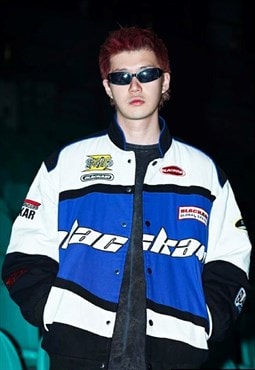 Motorcycle varsity jacket patch padded Racing bomber in blue