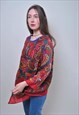 ABSTRACT PRINT VINTAGE BOHO BLOUSE, 80S RED WOMEN SHIRT 