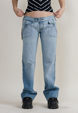 Vintage Y2k Low Waist Washed Blue Flare Women Jeans