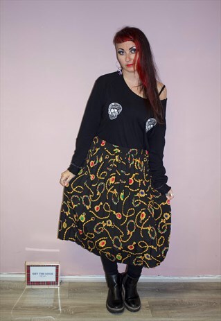 80S CHAIN PRINT PLEATED MIDI BLACK FLORAL FULL CIRCLE SKIRT
