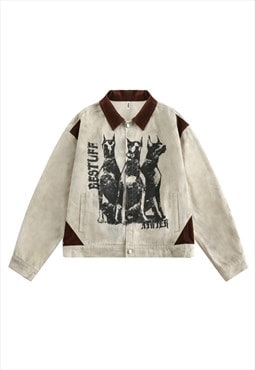 Doberman denim jacket dog painted vintage wash jean bomber