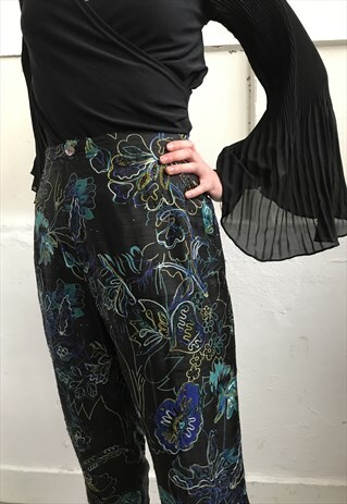 VINTAGE 90' AMAZING BEAUTIFUL BLACK SILK FLOWER TROUSERS