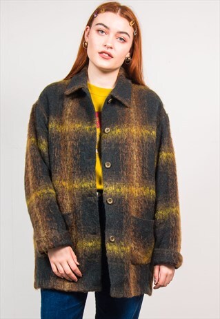 VINTAGE 90'S GREEN CHECKED OVERSIZED TEDDY COAT