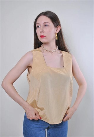 WOMEN VINTAGE BEIGE SLEEVELESS EVENING COCKTAIL BLOUSE