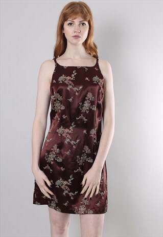 VINTAGE 90S MAROON SATIN EMBROIDERED STRAPPY DRESS