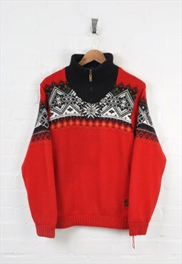 Vintage Knitted 1/4 Zip Jumper Patterned Red/Black Medium