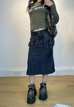y2k denim cargo midi skirt