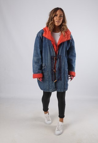 VINTAGE DENIM PARKA JACKET OVERSIZED LONG HOODED UK 16 (H4N)