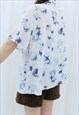 90S VINTAGE WHITE & BLUE FLORAL SHIRT BLOUSE