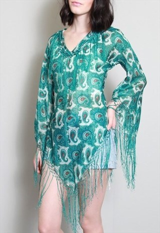 VINTAGE 1970'S GREEN PAISLEY SILK FRINGED FESTIVAL TUNIC