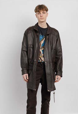 Vintage 80s Prolonged Brown Leather Zip Up Jacket Men L