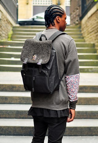 BLACK WOOL HERRINGBONE PANEL LAPTOP BACKPACK